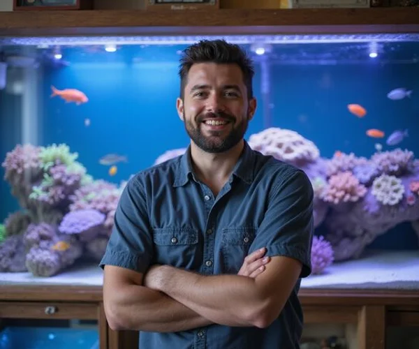 Marcus Chen, owner of Gulf Coast Aquatics, in the coral room