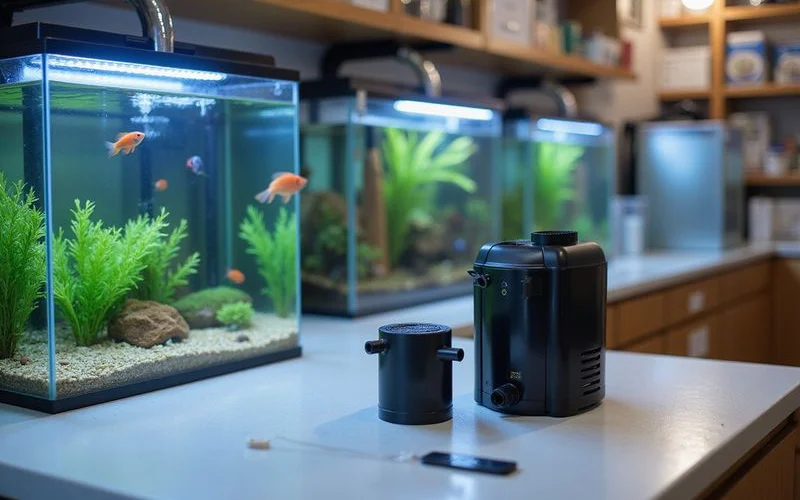 Adjustable heater and sponge filter laid out for a 5-gallon betta setup