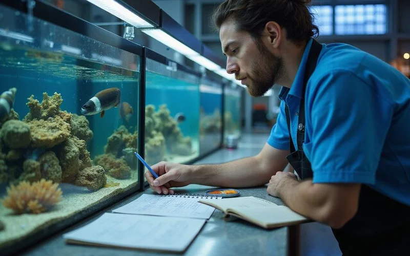 Staff observing a marine fish in quarantine with treatment log