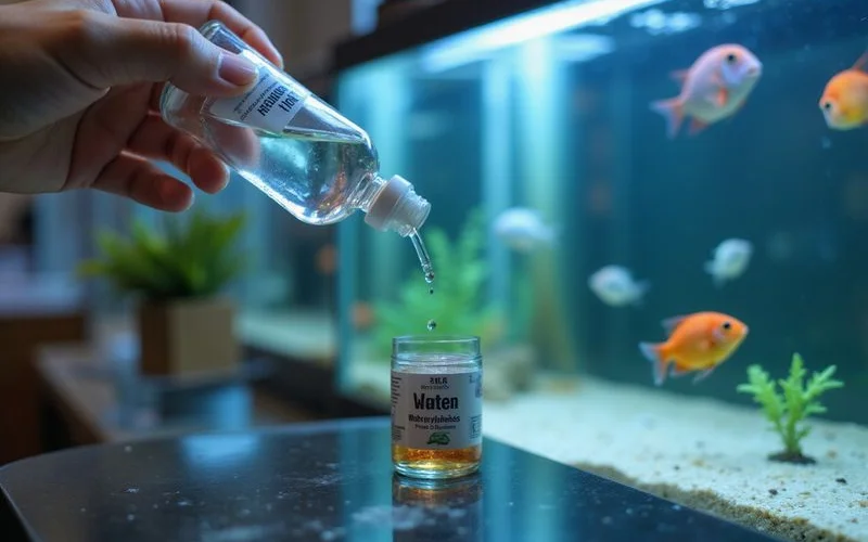 Bottle of Seachem Prime being used to treat aquarium water