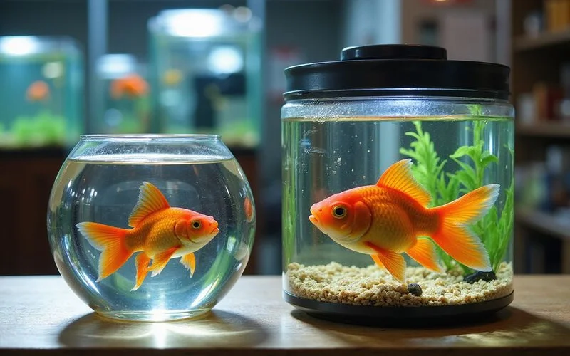 Comparison between cramped goldfish bowl and properly sized 30-gallon tank
