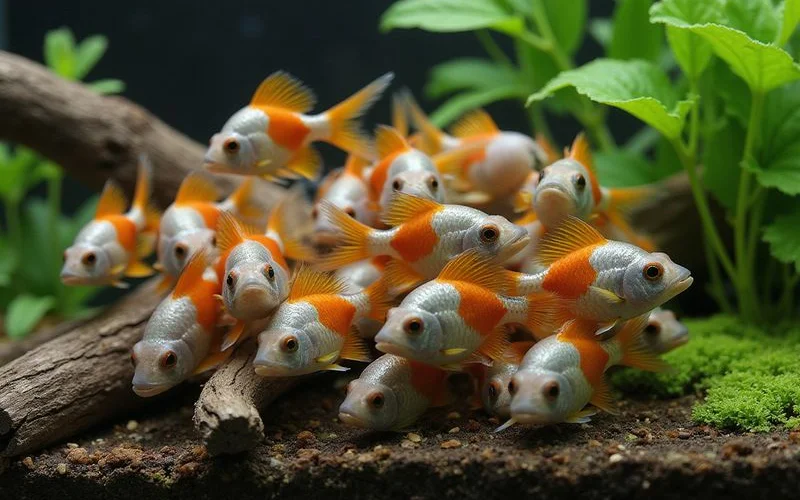 School of harlequin rasboras in a planted nano tank