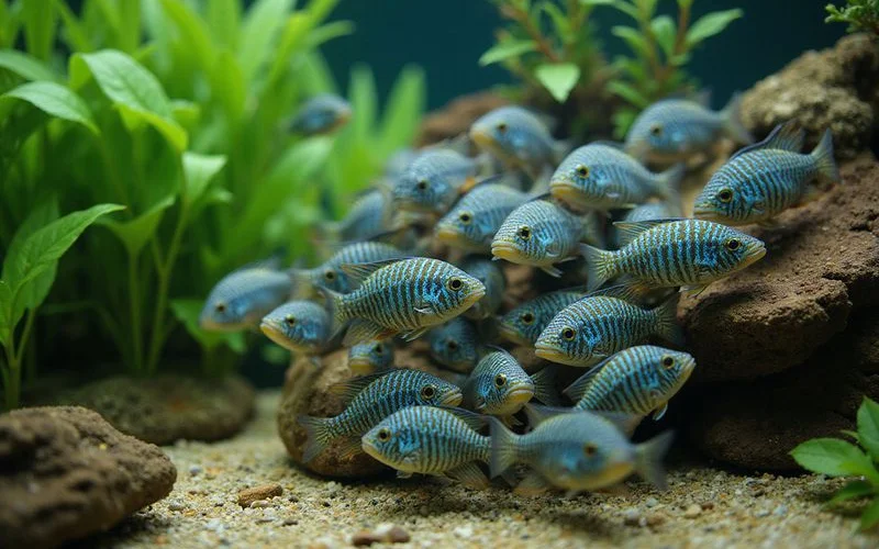 School of zebra danios swimming at the surface of a planted aquarium