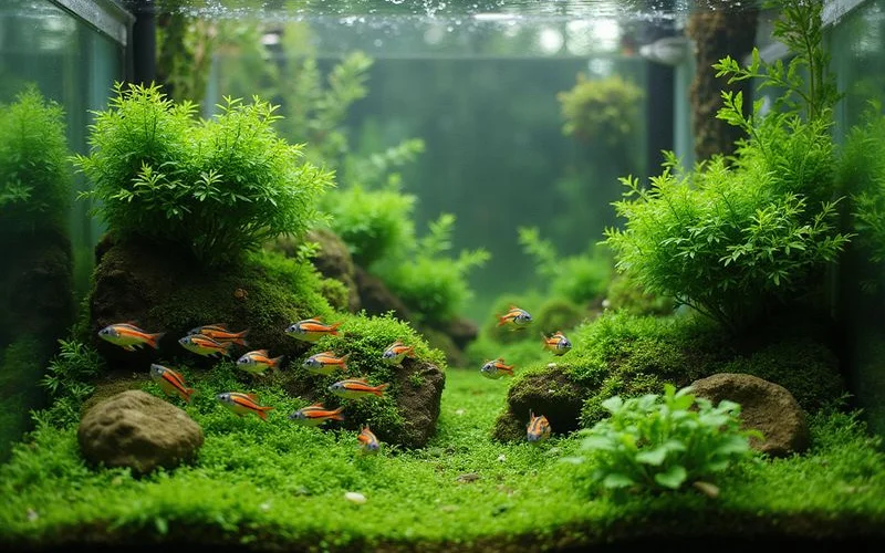 Heavily planted freshwater community aquarium with peaceful schoolers