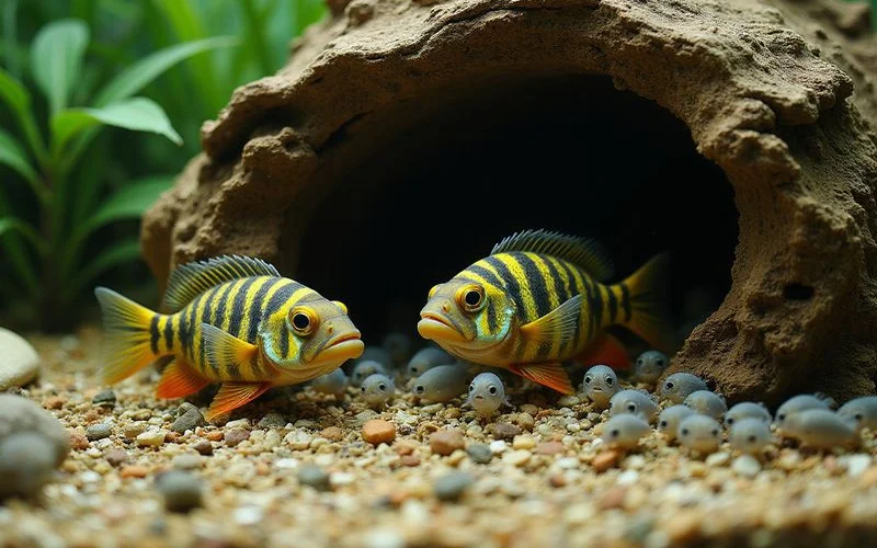 Pair of kribensis cichlids with fry near a driftwood cave