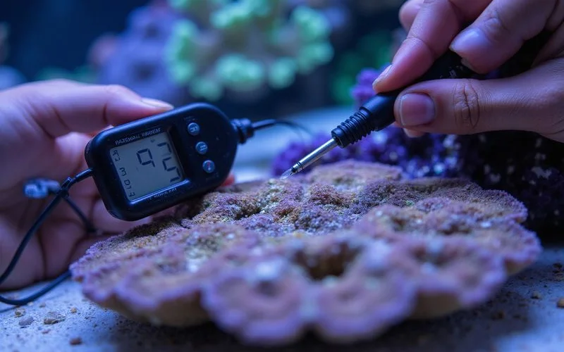 PAR meter measuring light intensity over coral frags
