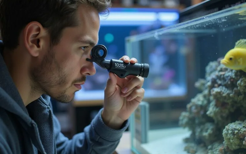 Refractometer measuring marine aquarium salinity at 1.025 specific gravity