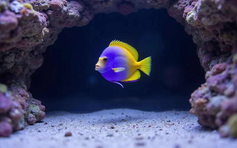 Royal gramma peeking out of a rock cave in a reef tank