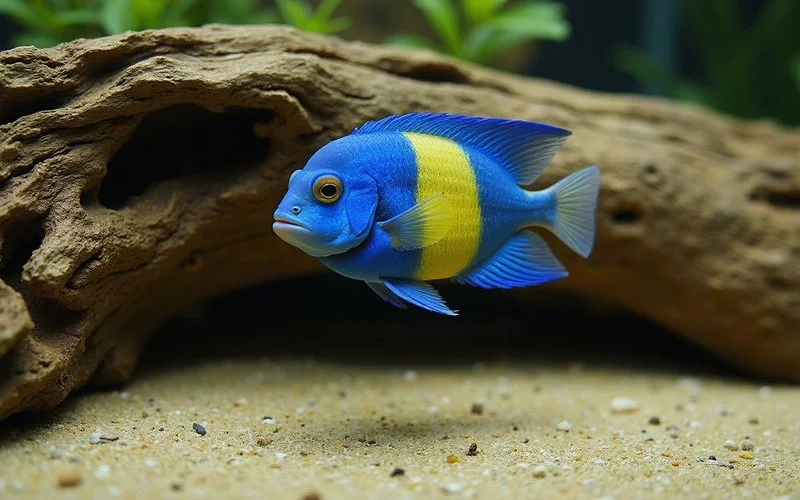 German blue ram cichlid hovering in front of driftwood in a planted tank