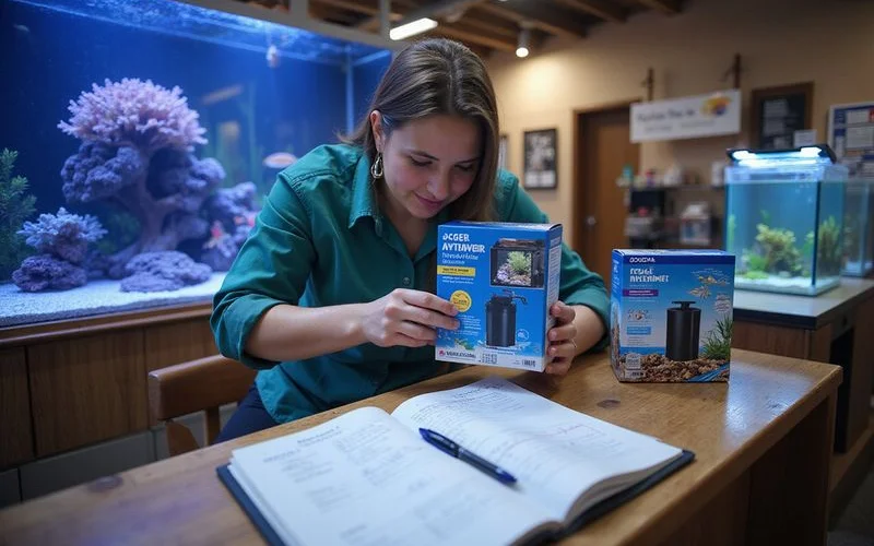 Staff member helping a customer compare canister filter options