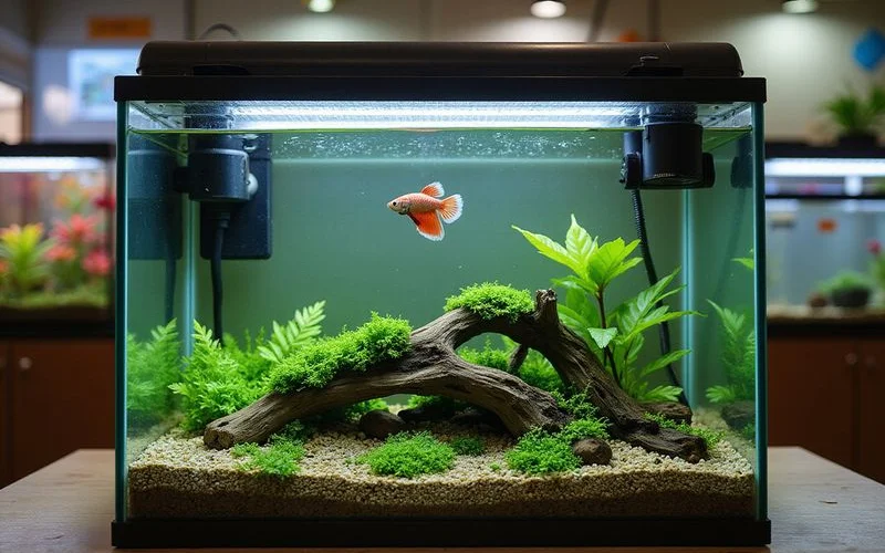 A properly set up 5-gallon betta tank with sponge filter, heater and live plants