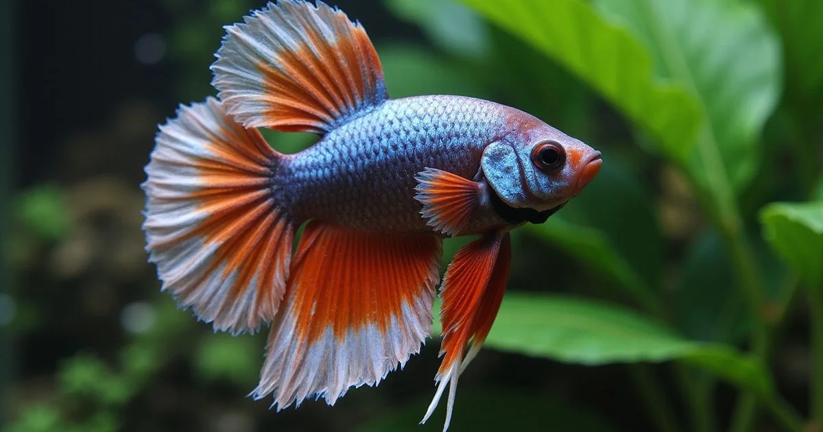 Close-up of a halfmoon betta showing early-stage fin rot on the caudal fin