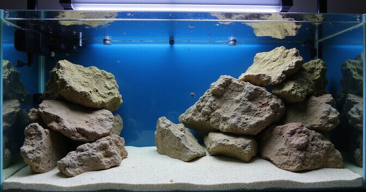 Empty 90-gallon saltwater aquarium with aquascaped dry rock during cycling