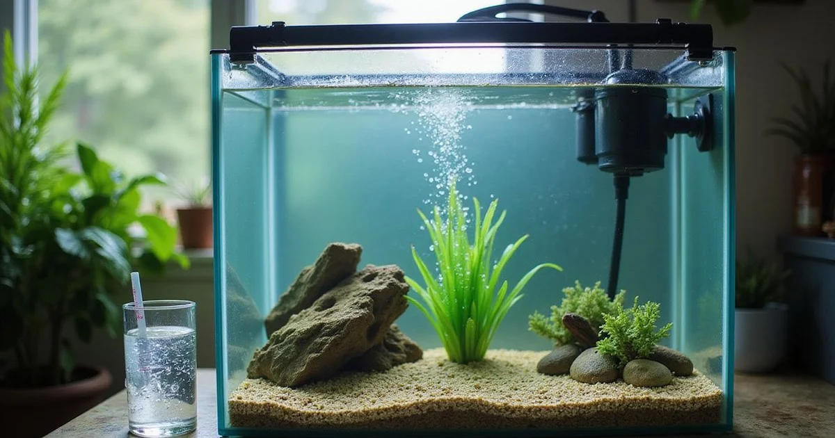 Empty 20-gallon cycling aquarium with sponge filter, HOB and ammonia test strip on counter