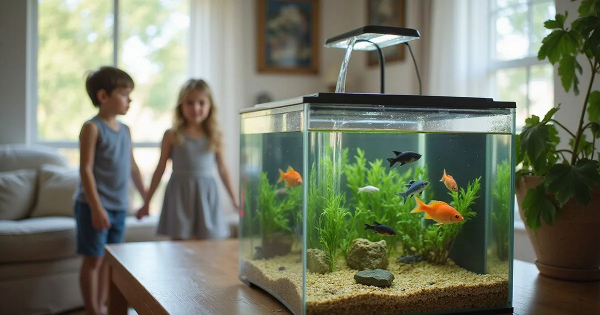 Family-friendly 20-gallon community tank with platys and corydoras in a bright Florida living room