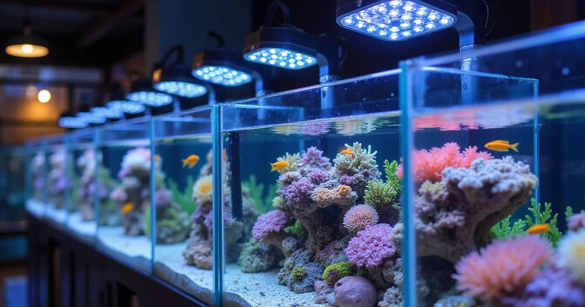 Modern LED aquarium lighting over display tanks at Gulf Coast Aquatics