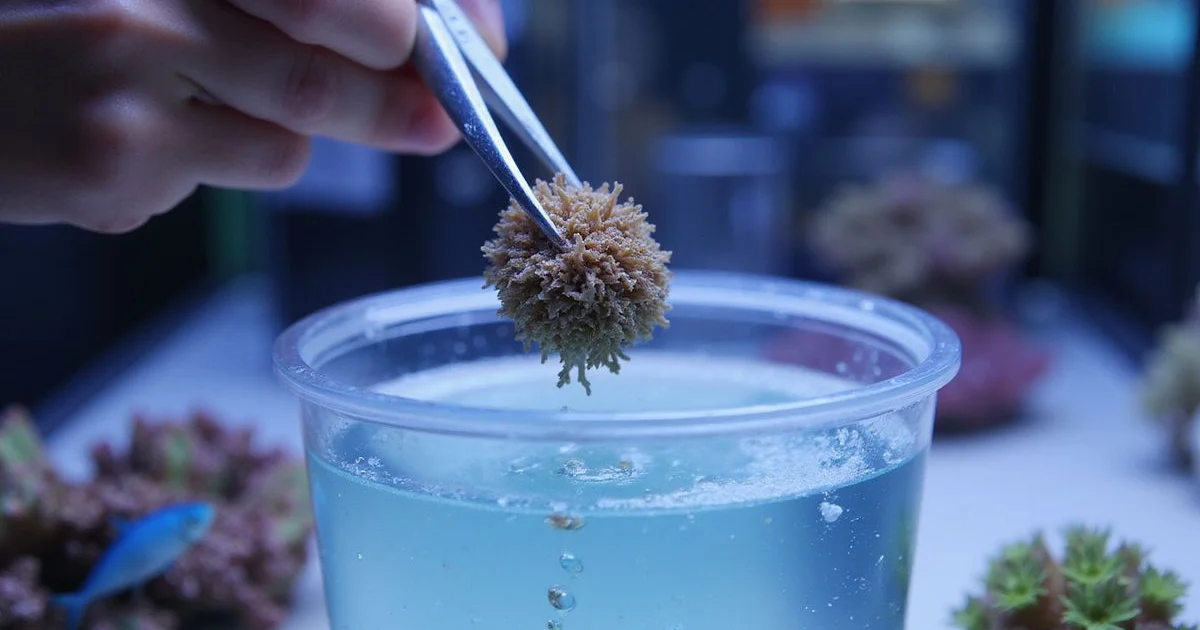 Coral frag being dipped in Bayer solution with air stone agitation