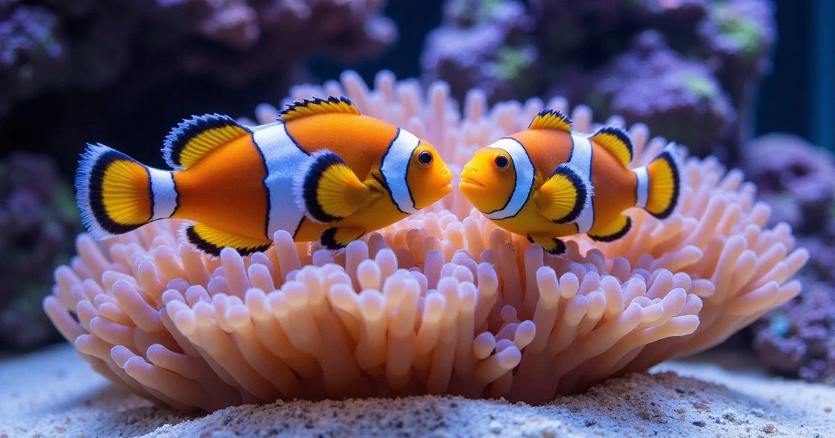 Pair of ocellaris clownfish swimming with a rose bubble-tip anemone