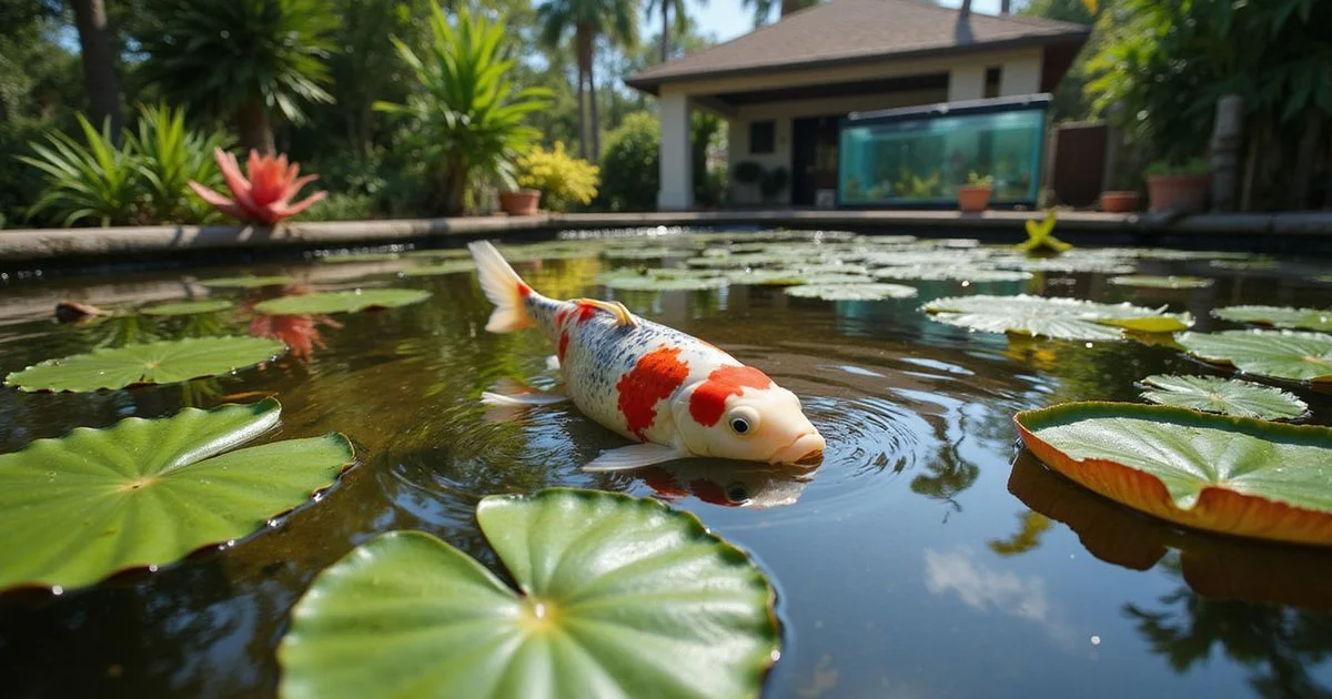 Sarasota outdoor koi pond with water lilies and kohaku koi swimming near the surface