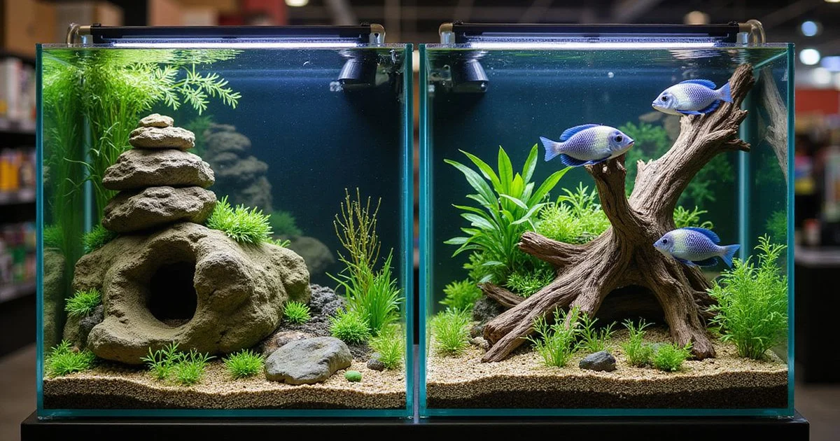 African cichlid tank with rockwork next to South American planted tank with driftwood