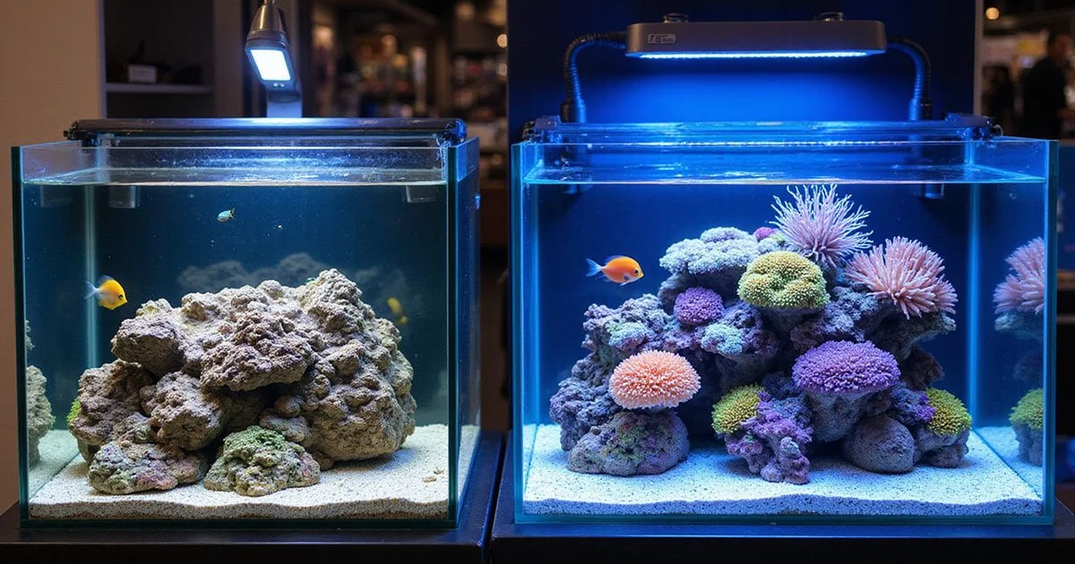 FOWLR aquarium next to a reef tank for comparison