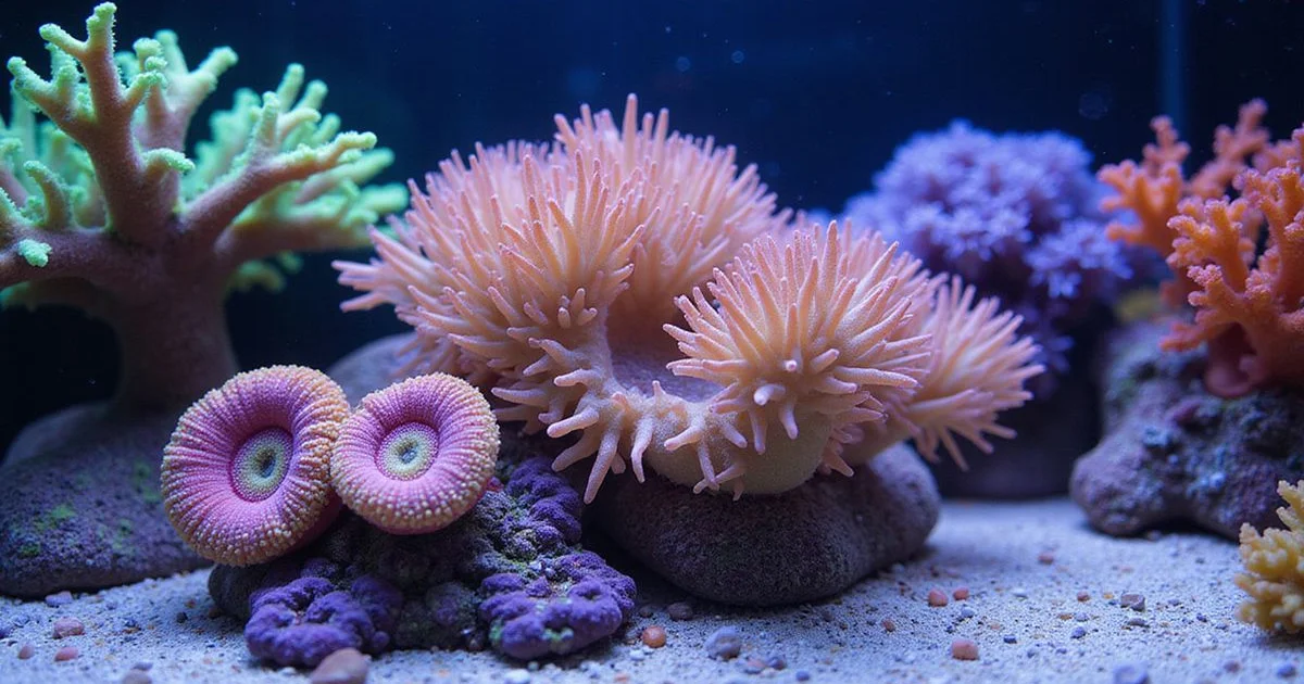 Three coral types side by side: zoanthid softs, euphyllia LPS, and Acropora SPS