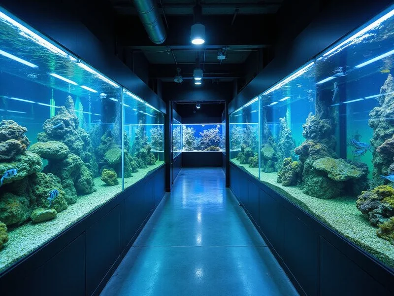 Freshwater display section with rows of aquariums
