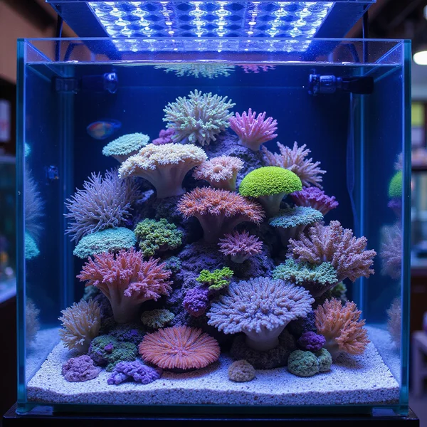 Coral frag rack with zoanthid and euphyllia colonies