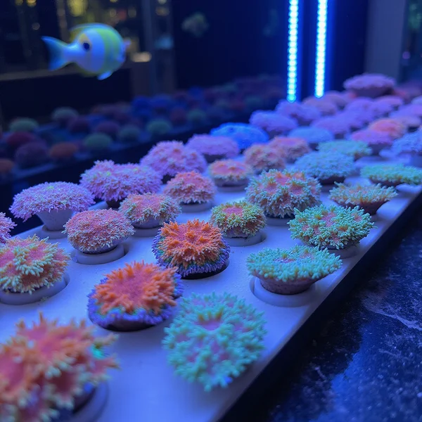 Coral frag rack with zoanthids and euphyllia