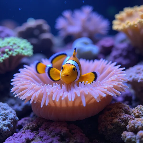 Saltwater display tank with clownfish, anemone and corals at Gulf Coast Aquatics