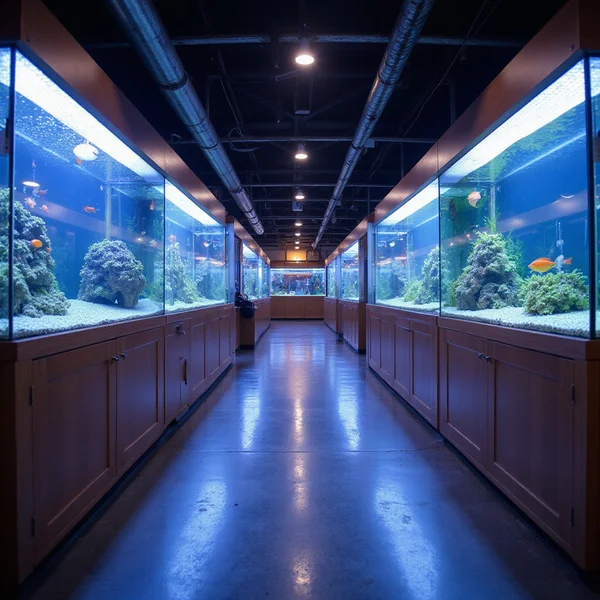 Freshwater section with rows of display tanks